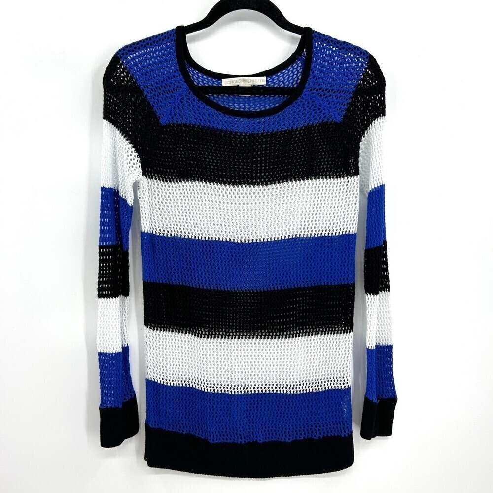 BOSTON PROPER Blue Black White Striped Open Knit Crew Neck Sweater Small
